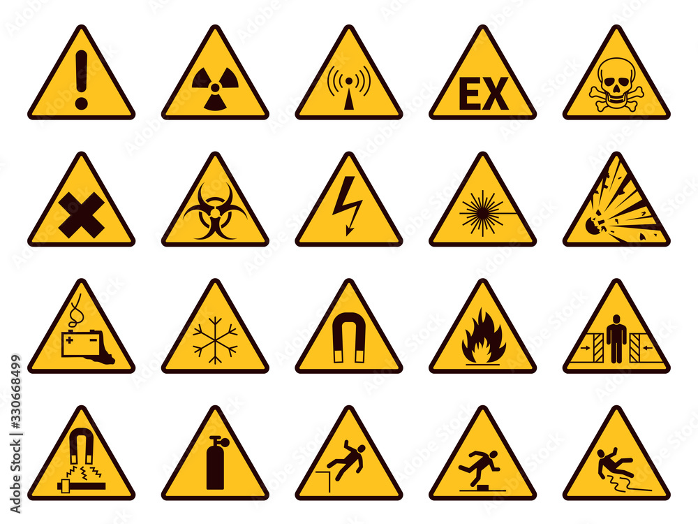Warning signs. Yellow triangle alerts symbols, attention chemical, flammable and radiation danger, accident exclamation caution vector icons - obrazy, fototapety, plakaty 