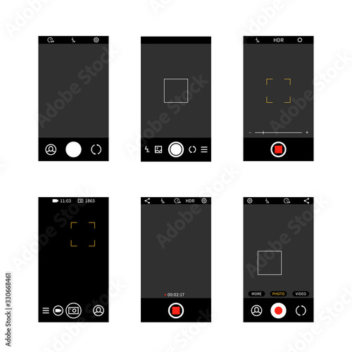 Smartphone camera screen interface. Modern social media mobile application ui photo frame design, camera settings buttons vector template