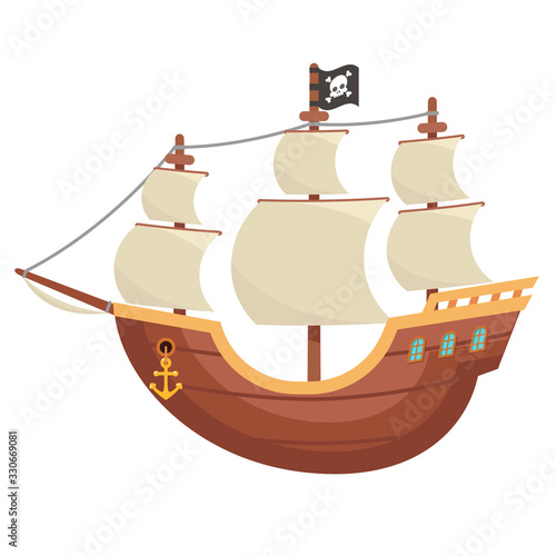 Pirate wooden boat buccaneer sailing filibuster bounty corsair sea dog ship isolated cartoon flat design vector illustration