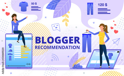 Brand or Product Promotion with Blogger Recommendation, Marketing Campaign in Social Media, Women Clothing Shopping on Sale Concept. Blogger Shopping, Reviewing Goods Trendy Flat Vector Illustration