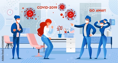 Man Boss Chief Pitch out Sick Woman Employee Infected with Covid19 Virus Suffering from Cough viral Symptom. Office Workplace and People in Facial Mask. Coronavirus Infection Prevention at Work