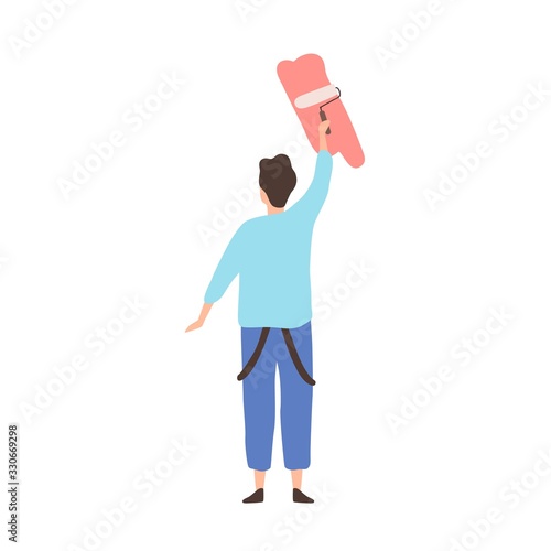 Cartoon man painting on wall holding paint roller isolated on white backgroun...