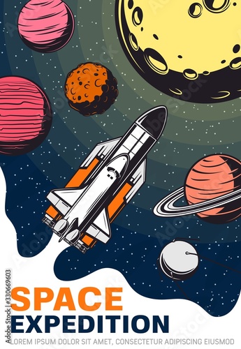 Rocket in space with planets and satellite, galaxy and universe travel vector design. Spaceship or shuttle with stars, Moon and Saturn with orbits, Venus, Jupiter and Mars retro poster