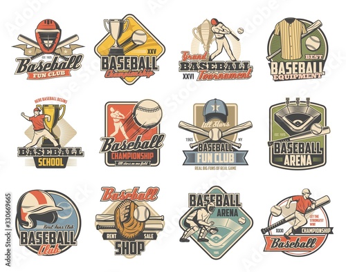 Baseball sport retro icons with vector balls, bats and trophies. Championship winner cup, player and arena play field, team uniform cap, glove and jersey, catcher helmet, mask, pad and mitt badges