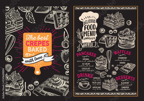 Waffle and pancake food menu template for restaurant with lettering.