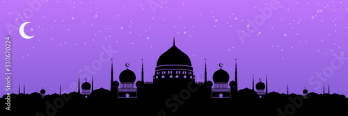 Ramadan kareem background with silhoutte madina mosque and sunrise. Paper cut vector illustration with mosque and moon, place for text greeting card and banner