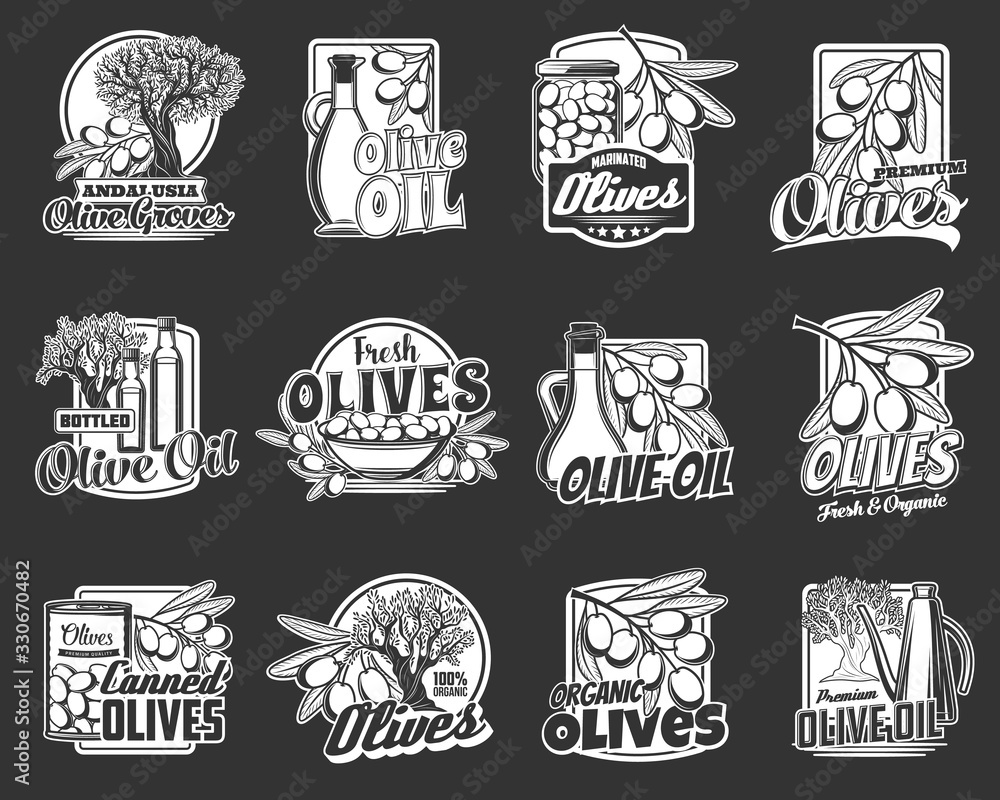 Olive oil, fresh and canned fruit vector badges of organic food with olive trees, branches and leaves. Oil bottle and jug, jar, bowl and can of marinated fruit monochrome labels, packaging design