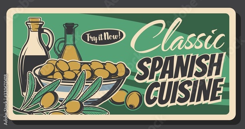 Spanish green olives retro banner of food vector design. Oil bottles, bowls of marinated fruits and olive tree branch with leaves, mediterranean cuisine ingredient of salad dressings and sauces