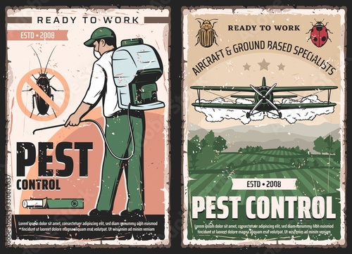 Pest control vector design of insect and bug protection service. Exterminator with insecticide or pesticide sprayer and cockroach chalk, agricultural aircraft dusting crop, colorado beetle and ladybug