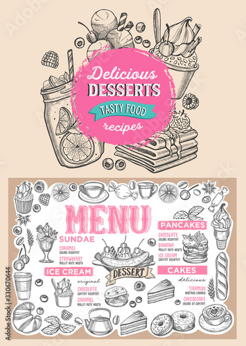 Dessert menu food template for restaurant with doodle hand-drawn graphic.