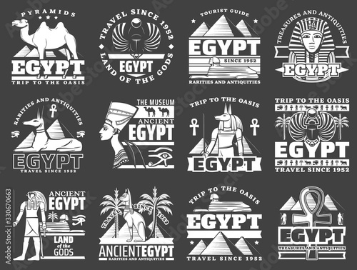 Egypt travel icons with ancient Egyptian pharaoh pyramids, Sphinx and gods. Vector Anubis and Horus with ankh symbol, cat, dog and scarab, Nefertiti and Tutankhamun with hieroglyphs monochrome emblems
