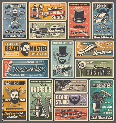 Barbershop, beard, mustache and hair salon retro banners. Vector barber shop poles, hairdresser chairs, haircut shavers and scissors, bearded hipsters, straight razors and clippers, blades and combs