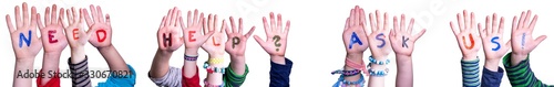 Children Hands Building Colorful Word Need Help Ask Us. White Isolated Background