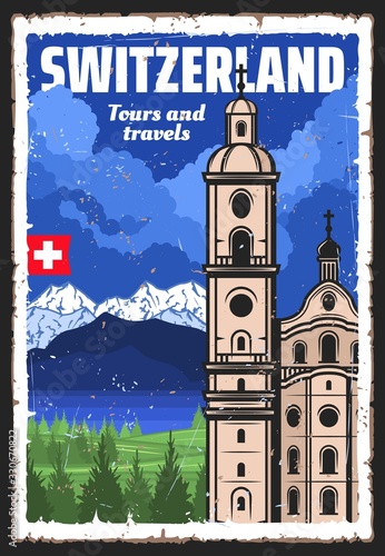 Switzerland travel landmark and Swiss Alps vector design of European tourism. Lucerne Jesuit Church with baroque towers, flag of Switzerland, mountains and lake, Alpine meadows and green forest trees