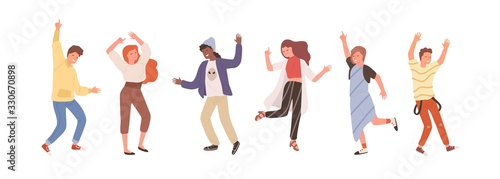 Group of diverse people dancing isolated on white. Set of happy positive man and woman having fun at party or music festival vector flat illustration. Colored person on dance floor at night club