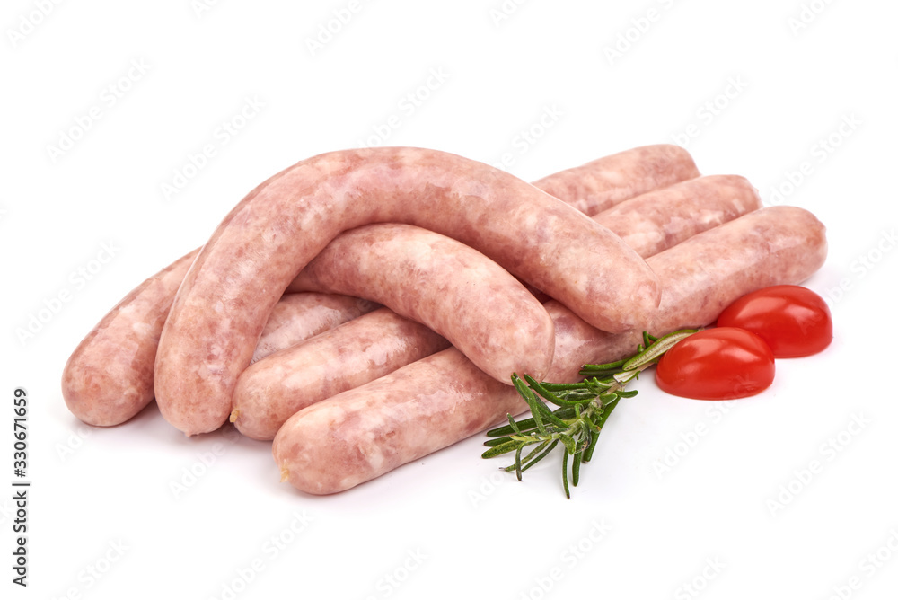 Sausages for frying, grilled pork sausages, isolated on white background Sausages for frying, grilled pork sausages, isolated on white background