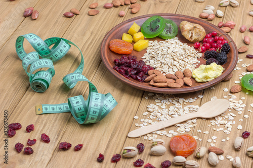 Muesli balanced breakfast. Fruits, berries seeds, nuts