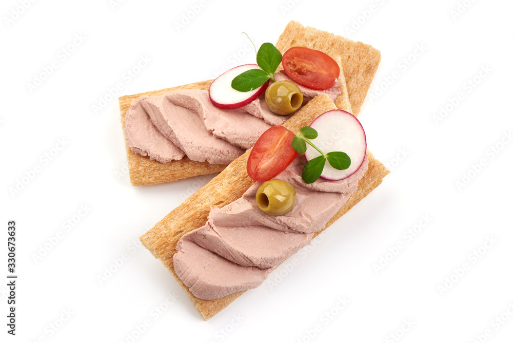 Sandwich with homemade chicken liver pate, isolated on white background