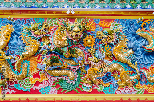 Colorful Dragon Decorate on Chinese Shrine's Wall.