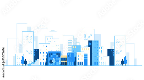 Urban landscape. City skyline. Cityscape background with road and cars vector illustration