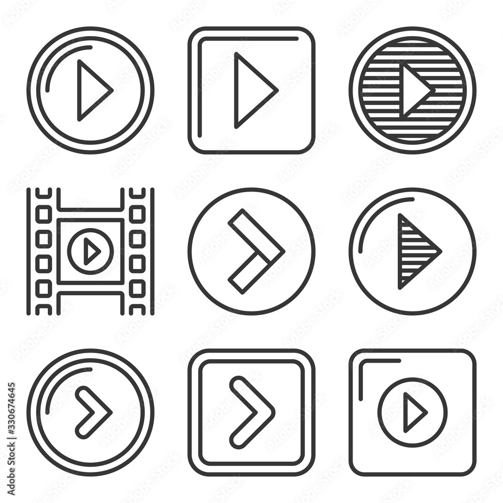 Play Button Icons Set on White Background. Line Style Vector