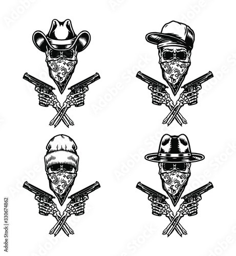 Set of bandit holding gun, isolated on white background