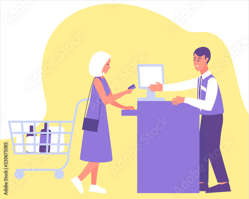 Woman pays a purchase with a card at the checkout. Cashless payment concept. Friendly cashier accepts payment by card. Flat vector illustration. © Natali S