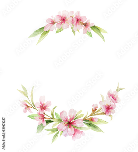 Watercolor vector wreath of pink flowers and almond leaves.