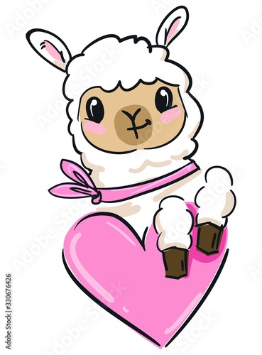 Cute llama and heart. Beautiful children's print and poster. Vector.
