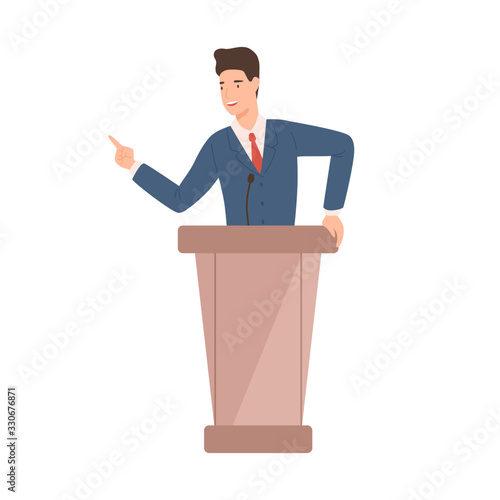 Male politician in suit standing at rostrum vector flat illustration
