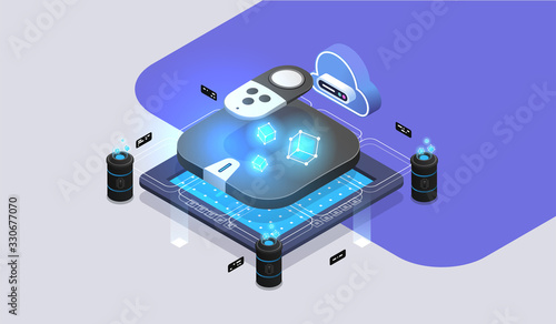 Satellite receiver, Digital media player setup box with remote. Modern isometric illustration.