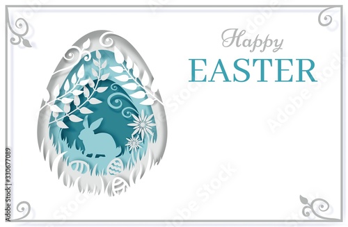 Happy Easter greeting card template, vector illustration in paper art style