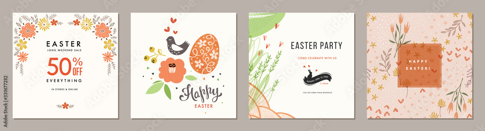 Trendy Easter floral square templates. Suitable for social media posts, mobile apps, cards, invitations, banners design and web/internet ads.