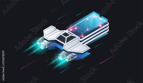 Abstract spaceship with phone. Data visualization. Mobile software. Modern isometric illustration.