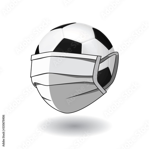 Soccer ball in a medical mask. Cancellation and postponement of football matches and Championships due to the flu virus pandemic. Vector illustration for design and Cui isolated on a white background.