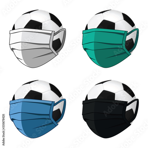 Soccer balls in medical masks of different colors. Cancellation and postponement of football matches and Championships due to the flu virus pandemic. Vector illustration for design and Cui isolated.