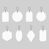 Set white labels in different shapes with string isolated on grey background. Blank card and sticker. Tags for price, gift, discount, luggage or sale. Paper mockup for shop, promotion, banner. Vector