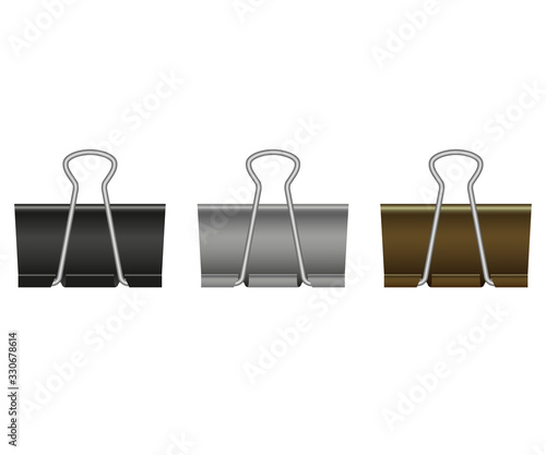 Paper binder clips isolated on white background. Black, bronze, silver, metal paper clip. Stationary metal paper holder for office, school, documents, notes, education. Tools binders on desk. Vector