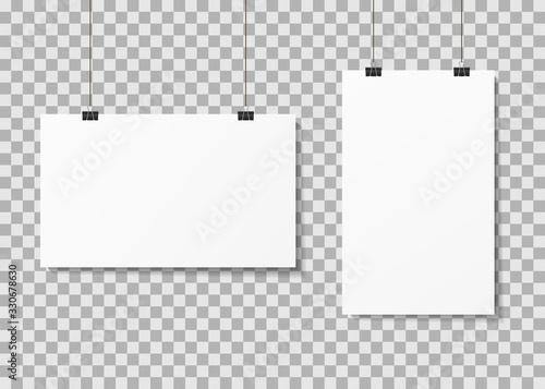 White paper posters hanging on binder clips with shadows. Mock up empty paper blank. Vertical, horizontal template flyer, sheet, frame on transparent background. White posters boards gallery. Vector