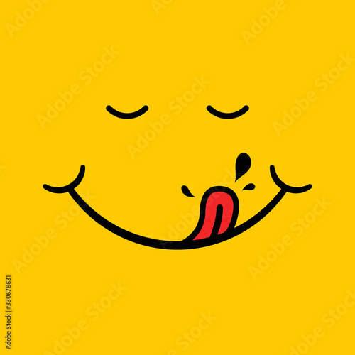 Yummy smile with red tongue, saliva on yellow background. Hungry, eating, tasting face. Happy character after savour eating. Concept of enjoy food. Icon mouth of delicious, pleasure for chat. Vector