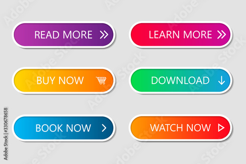 Set of modern web buttons. Navigation button menu with gradient on white forms with shadow. Web action elements for game, call, buy, learn, read and download. Trendy style. UI graphic for app. Vector