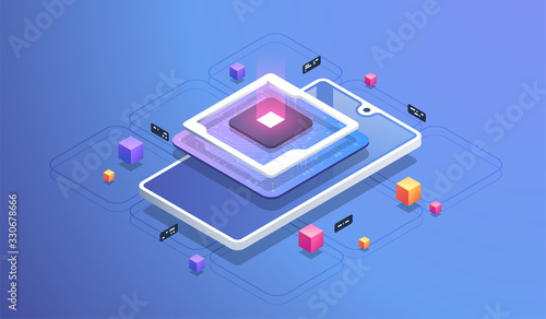 Futuristic microchip processor. Digital chip.Modern cpu. Modern isometric illustration.