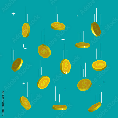 Falling golden coins. Shiny golden coins. Dollar gold cents on blue background. Money rain from sky. Finance, cash, treasure concept. Bitcoin currency symbol. Investment in a business project. Vector
