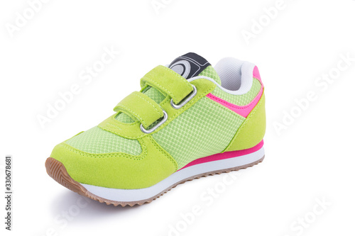 One colorful bright green children laced snickers shoe boot isolated © timestudia