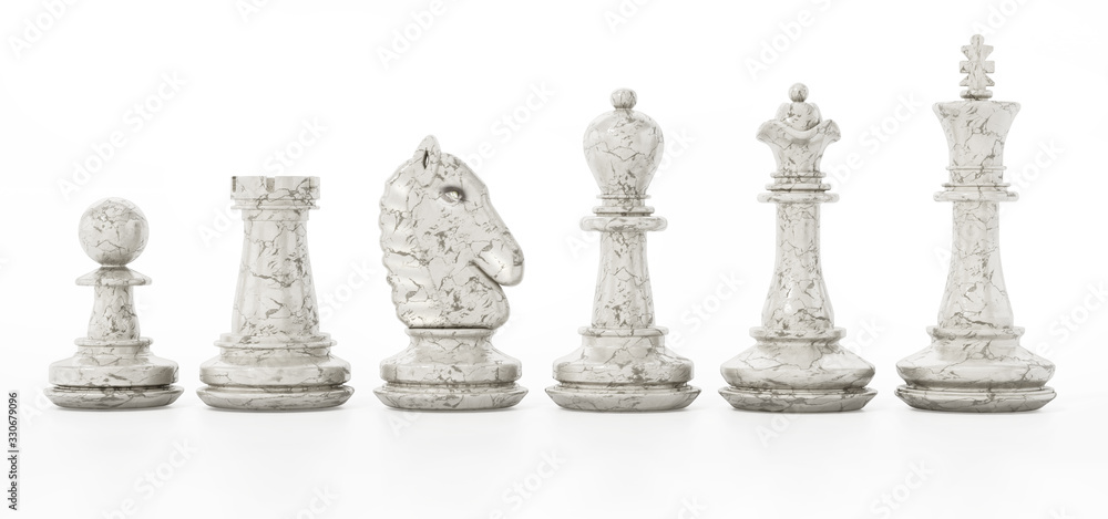 White chess pieces isolated on white background. 3D illustration