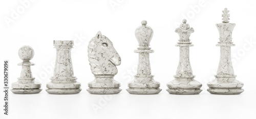 White chess pieces isolated on white background. 3D illustration