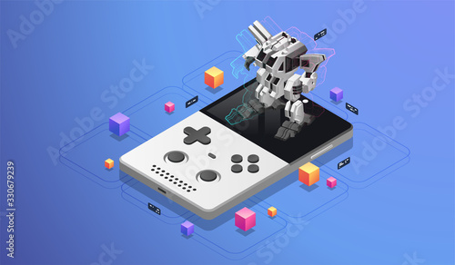 Mobile gaming. Big robot on pocket console screen. AR concept for mobile development. Modern isometric illustration.