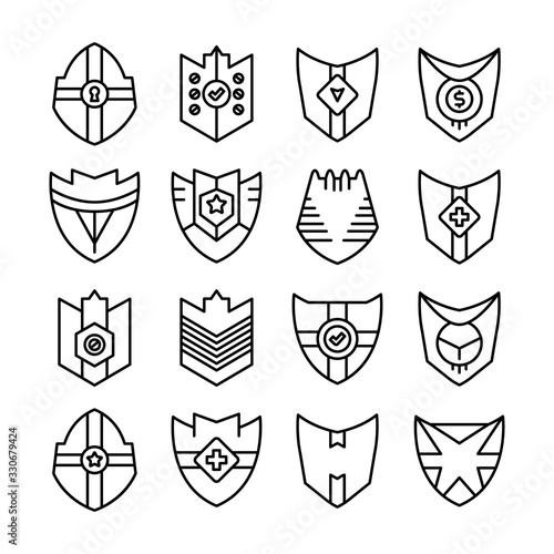 shield, badge and insignia icons set line design