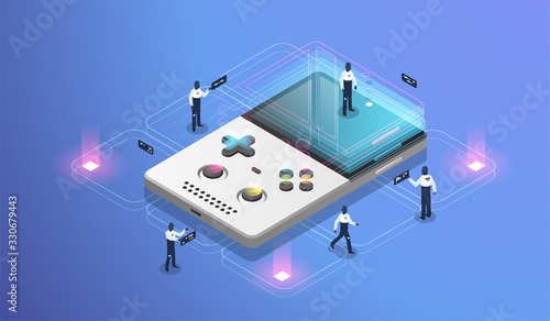 Mobile gaming. Big robot on pocket console screen. AR concept for mobile development. Modern isometric illustration.