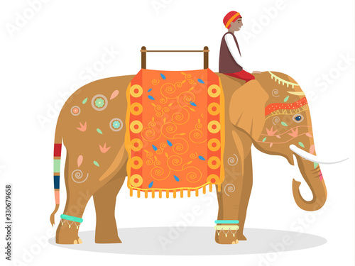 Vector illustration of Indian elephant with lots of decoration with rider isolated. Elephant ride.